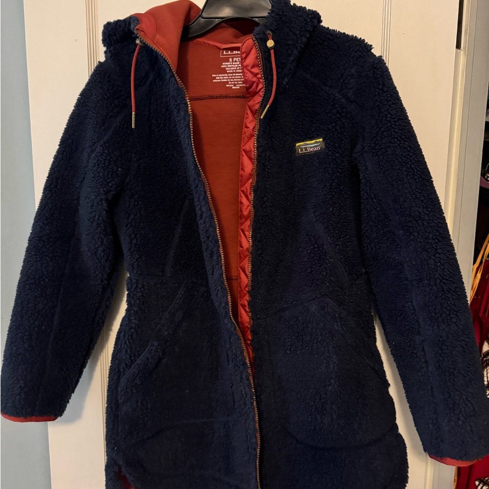 L.L. Bean Kids Navy and Red Hooded Puffer Coat